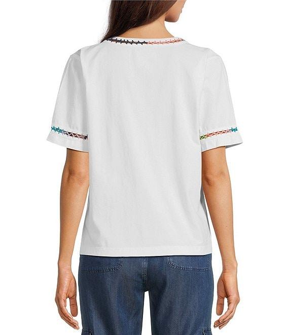 JOHNNY WAS Crochet Trim Crew Neck Short Sleeve Cotton Knit Tee Product Image