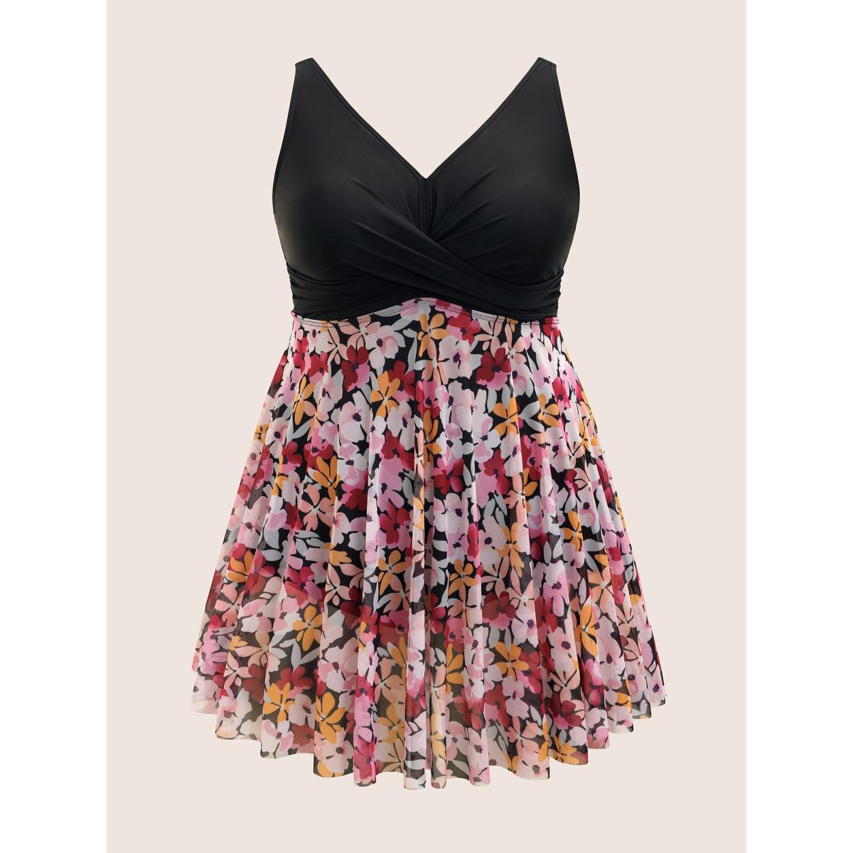 Plus Size Floral Patchwork Mesh Crossover Swim Dress Women's Swimwear Black Beach Bodycon V-neck High stretch Curve Swim Dresses BloomChic 28/5X Product Image