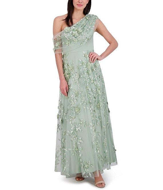 Eliza J Embroidered 3D Floral Print One-Shoulder Neck Sleeveless Caplet A-Line Gown Product Image