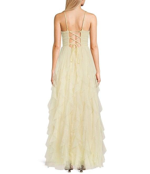 Pear Culture Mesh Foil Spaghetti Strap Scoop Neck Emma Bodice Tie Back Corkscrew Dress Product Image