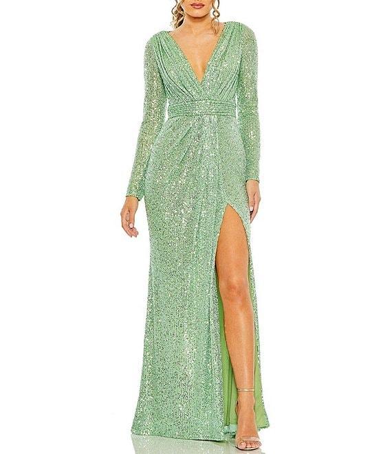 Ieena for Mac Duggal Long Sleeve Deep Surplice V-Neck Sequin Thigh High Slit Gown Product Image