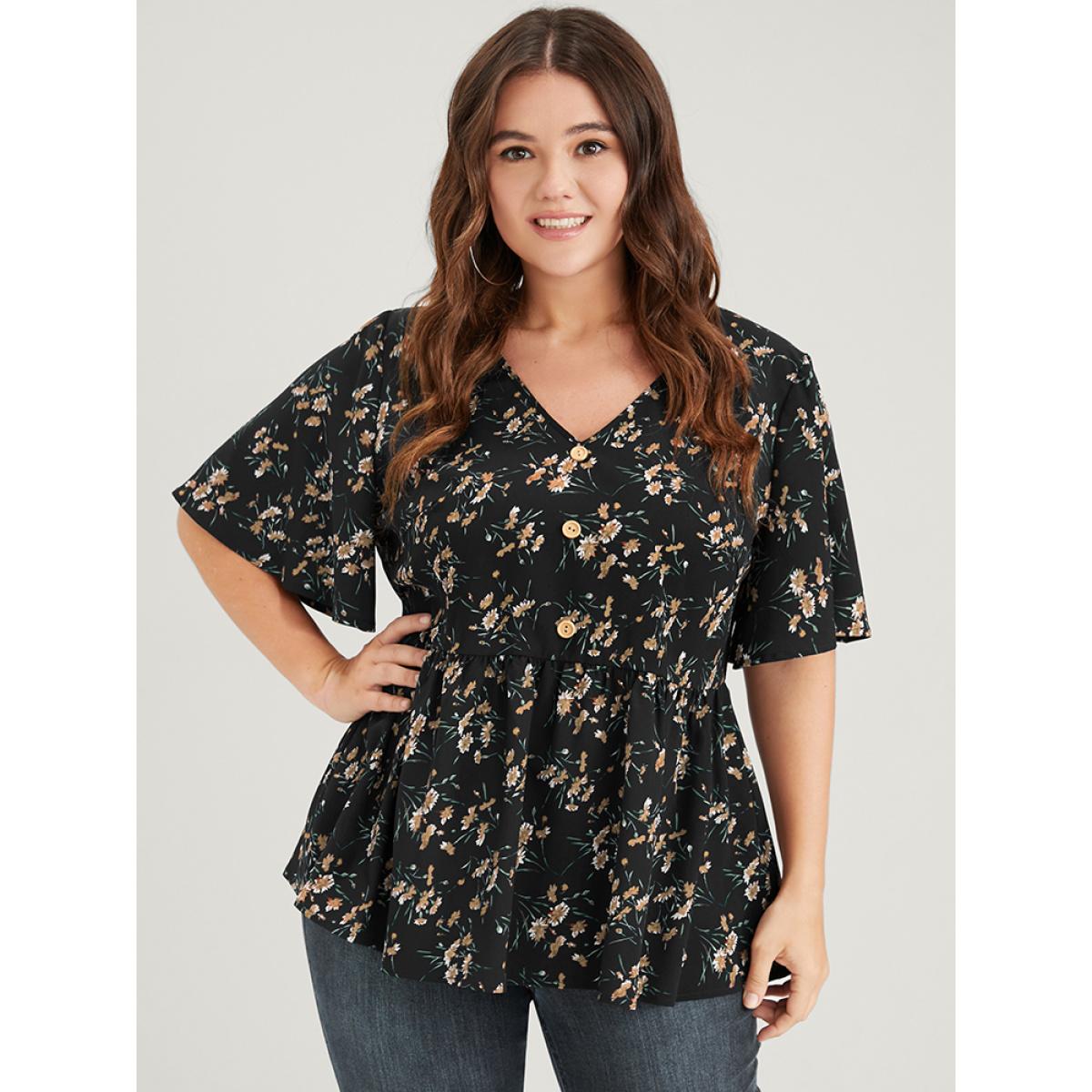 Plus Size Black Floral Elastic Waist V Neck Button Ruffles Blouse Women Elegant Half Sleeve V-neck Dailywear Blouses BloomChic 14-16/1X Product Image