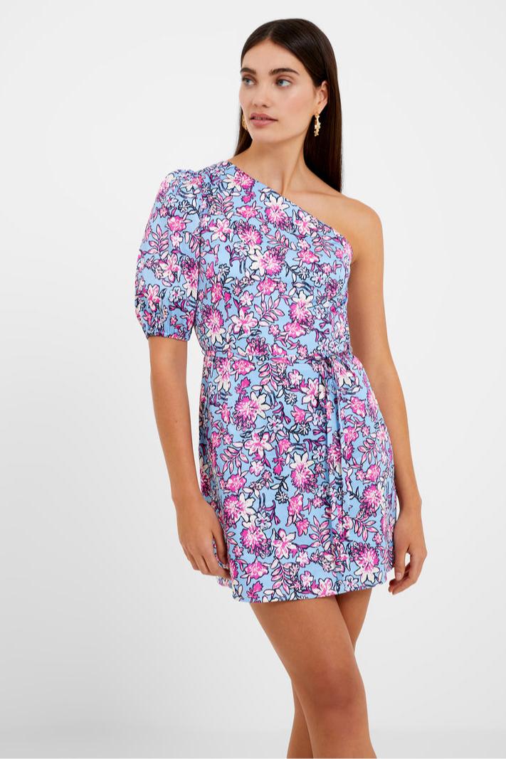 Fontini One Shoulder Puff Sleeve Mini Dress- Placid Blue Product Image