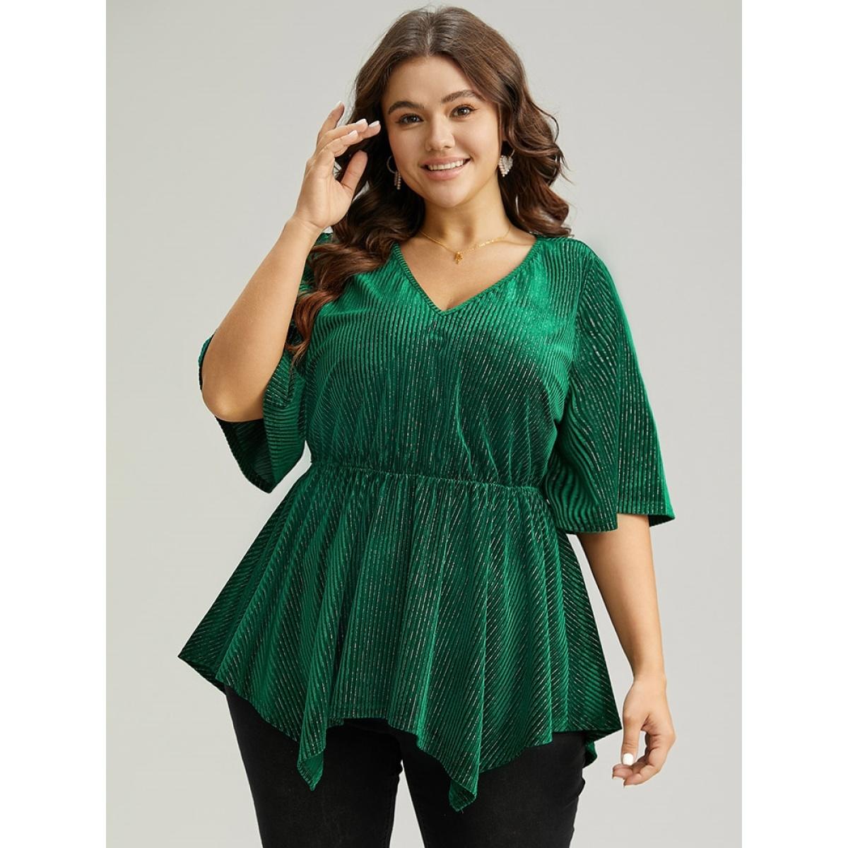 Plus Size DarkGreen Velvet Elastic Waist Ruffle Sleeve Hanky Hem Blouse Women Glamour Short sleeve V-neck Festival-Christmas Blouses BloomChic 18-20/2X Product Image