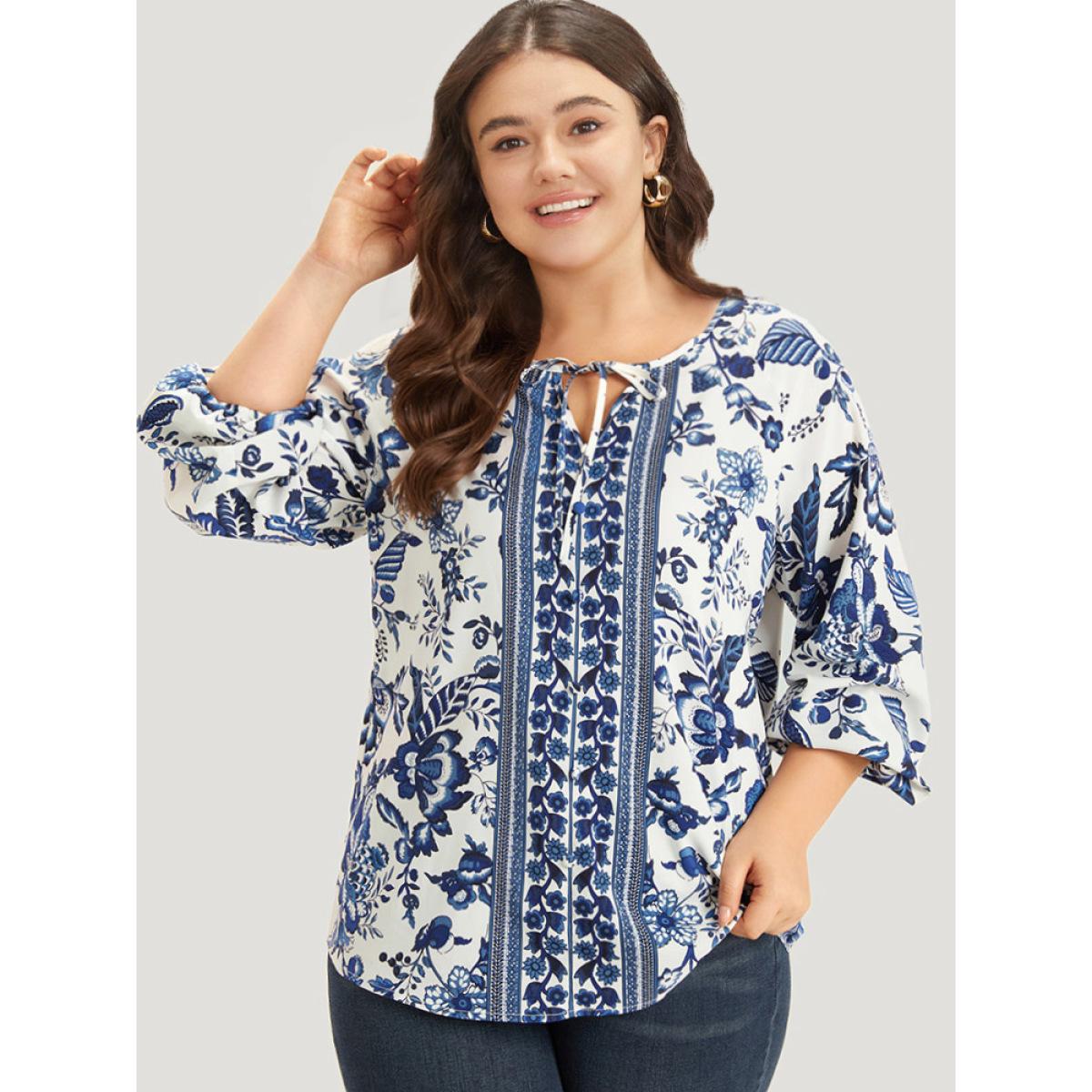 Plus Size Navy Boho Print Knot Neck Lantern Sleeve Blouse Women Vacation Long Sleeve Tie Neck Dailywear Blouses BloomChic 22-24/3X Product Image