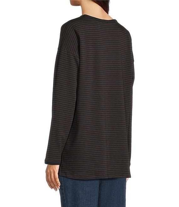 Eileen Fisher Cozy Striped Brushed Terry Organic Cotton Blend Knit Round Neck Long Sleeve Box Top Product Image