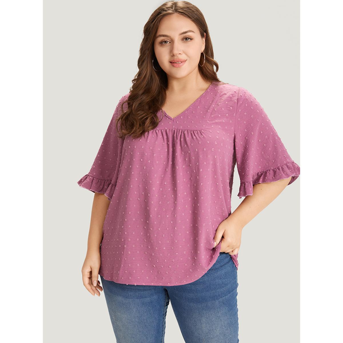 Plus Size Purple Polka Dot Flutter Trim Gathered Blouse Women Elegant Short sleeve V-neck Dailywear Blouses BloomChic 28/5X Product Image