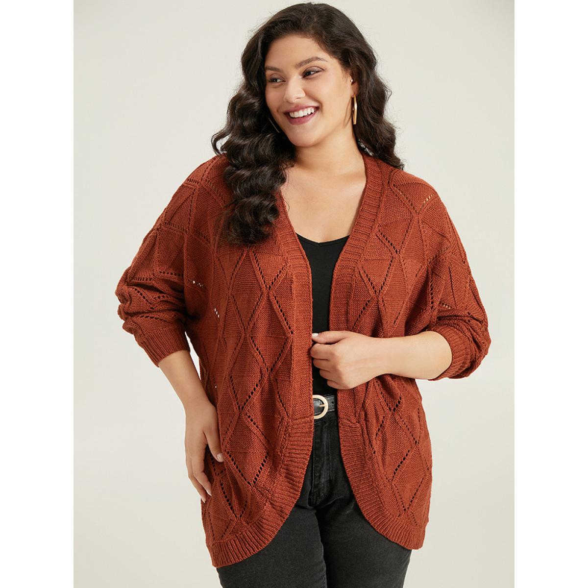 Plus Size Geometric Hollow Out Open Front Cardigan Rust Women Casual Loose Long Sleeve Dailywear Cardigans BloomChic 12/L Product Image