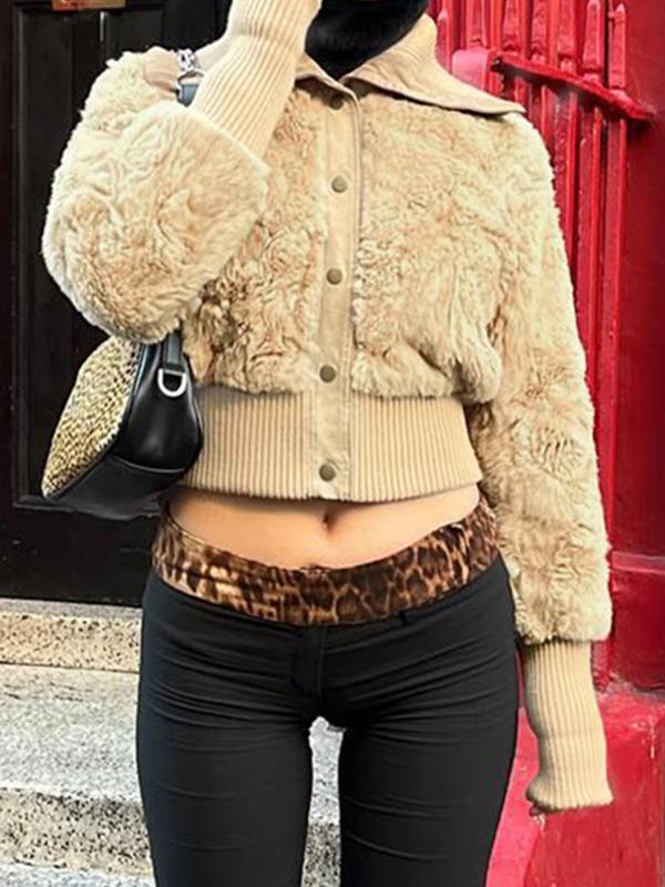 Solid Color Lapel Plush Waist Jacket Product Image