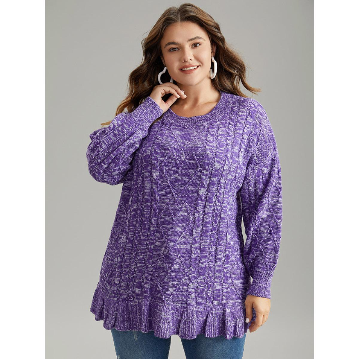 Plus Size Heather Flutter Hem Cable Knit Pullover BlueViolet Women Casual Loose Long Sleeve Round Neck Dailywear Pullovers BloomChic 12/L Product Image