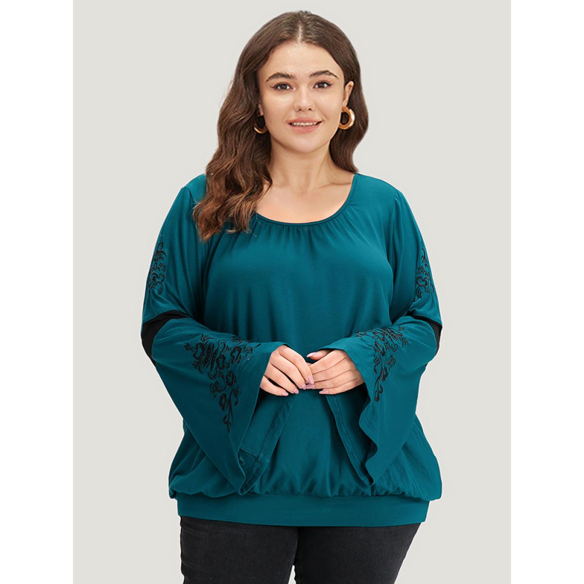 Plus Size Supersoft Essentials Floral Embroidered Patchwork Bell Sleeve T-shirt Aegean Women Casual Patchwork Silhouette Floral Print Round Neck Dailywear T-shirts BloomChic 28/5X Product Image