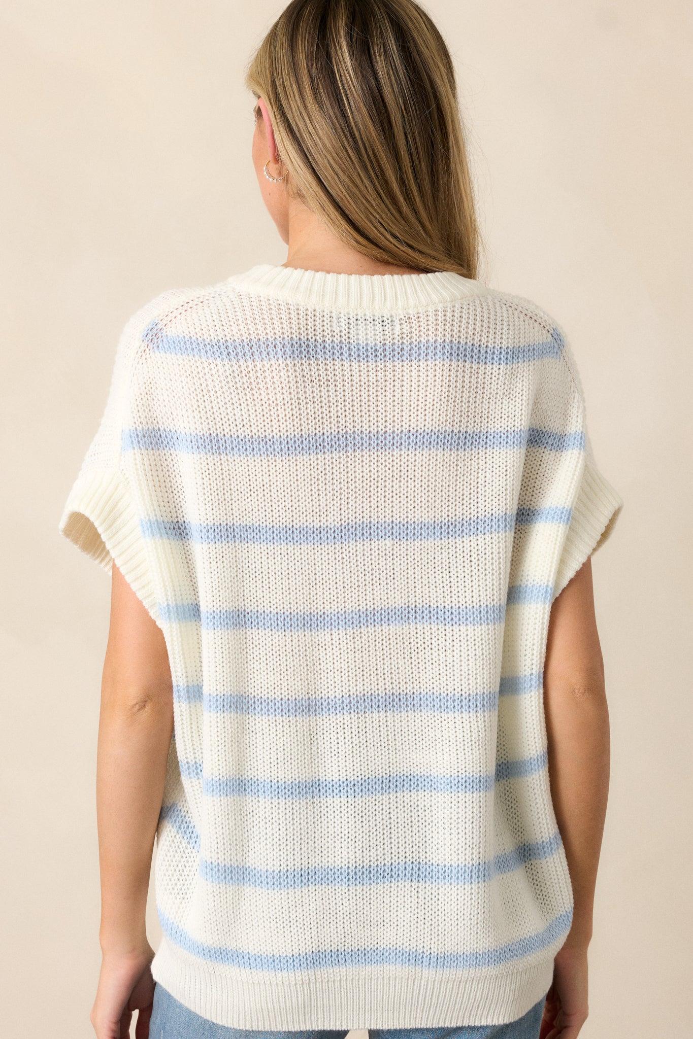 Where You Belong White & Blue Stripe Short Sleeve Sweater Top Product Image