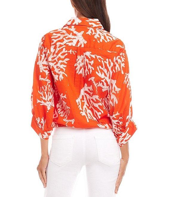 Karen Kane Coral Reef Print Spread Collar 3/4 Blouson Sleeve Tassel-Tie-Waist Button-Front Top Product Image