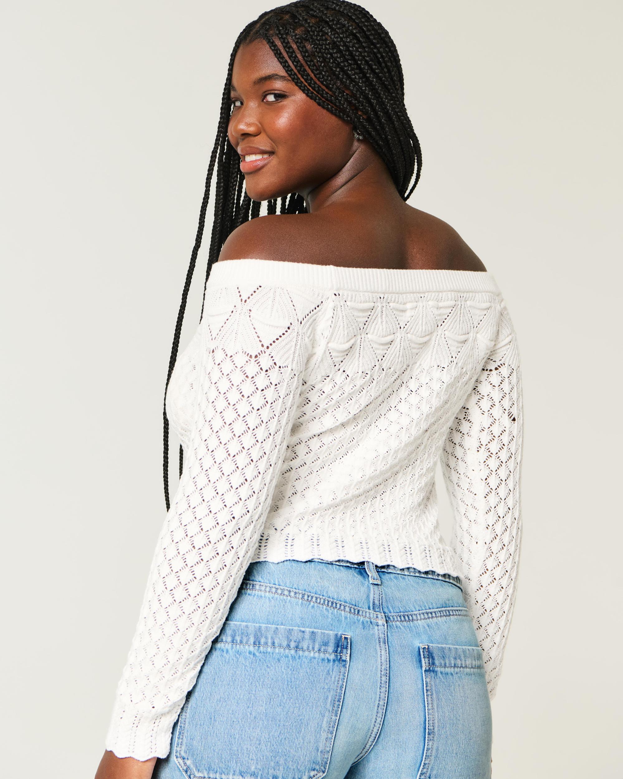 Stitchy Crochet-Style Off-the-Shoulder Sweater Product Image
