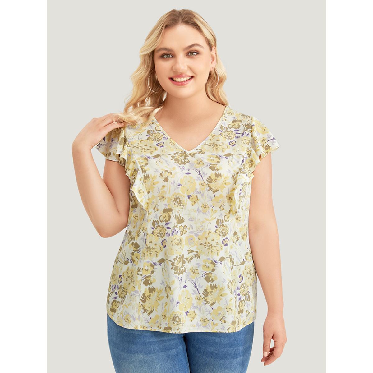 Plus Size White Floral Print V Neck Ruffle Trim Cap Sleeve Blouse Women Elegant Cap Sleeve V-neck Dailywear Blouses BloomChic 28/5X Product Image