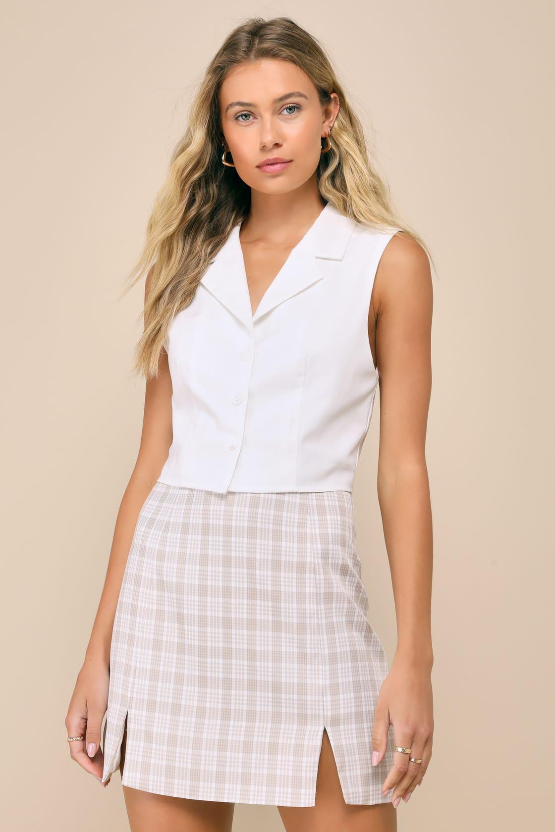 Fetching Cutie Beige Plaid High-Rise Notched Mini Skirt Product Image