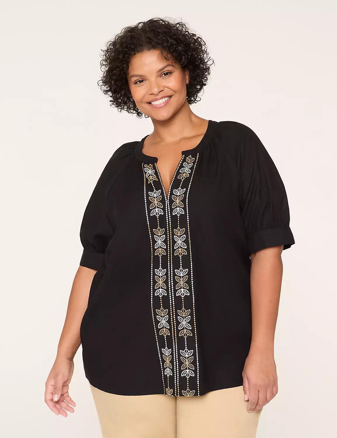 Embroidered Notch-Neck Popover Blouse Product Image