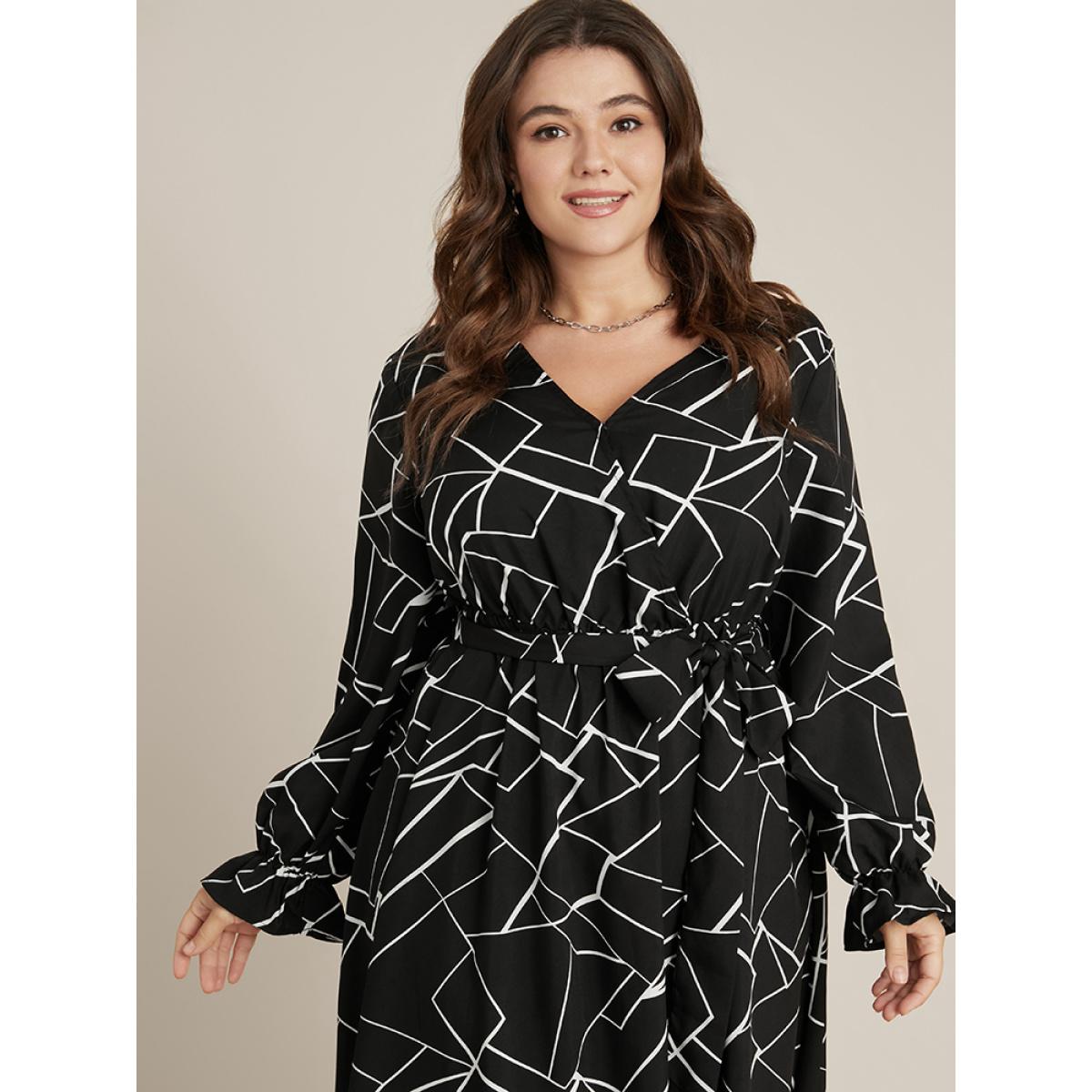 Plus Size Geometric Pocket Lantern Sleeve Wrap Belted Dress Black Women Office Belted V-neck Long Sleeve Curvy Midi Dress BloomChic 26/4X Product Image