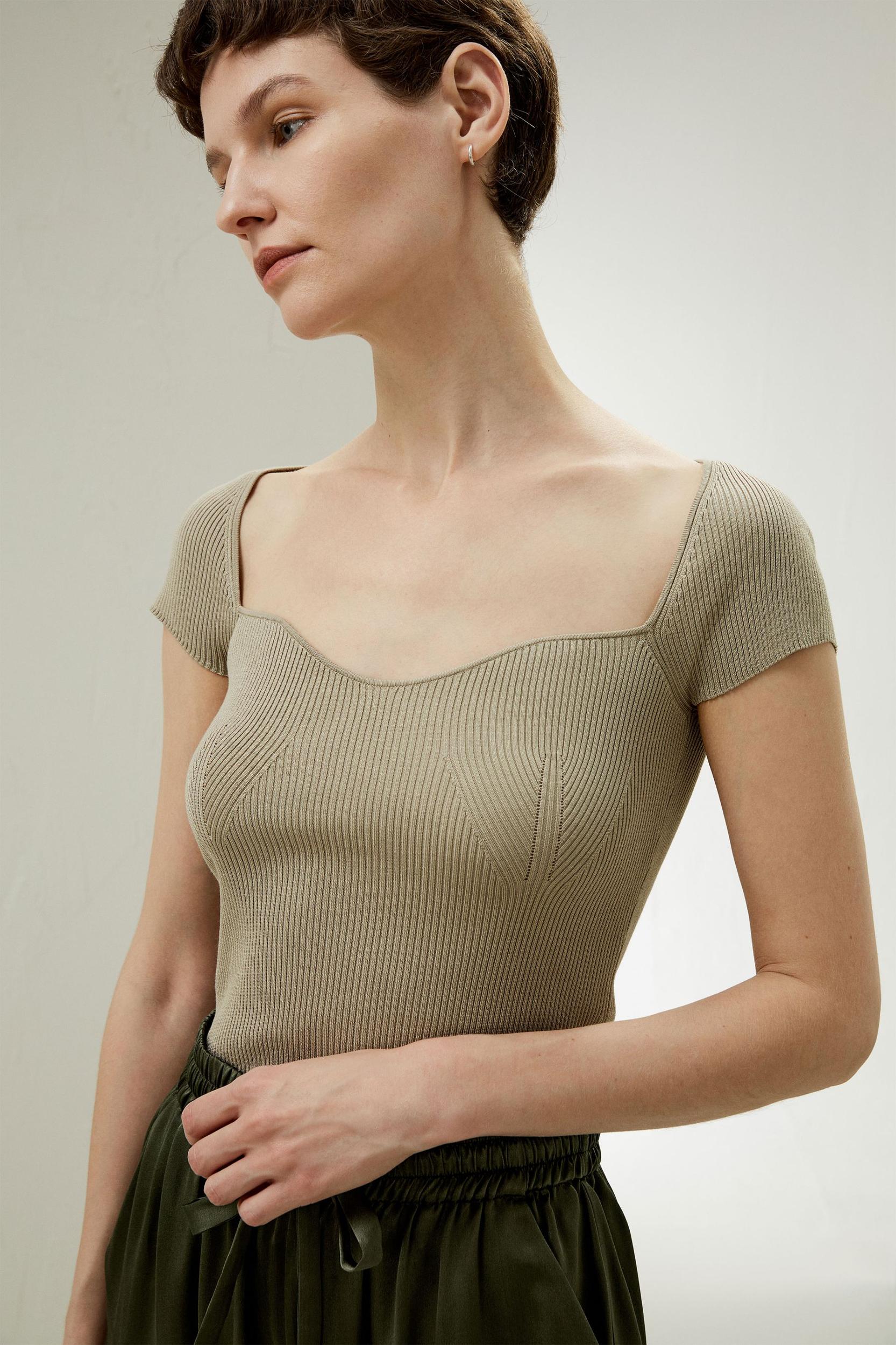 Sweetheart Neck Ribbed Silk Knit Top Product Image