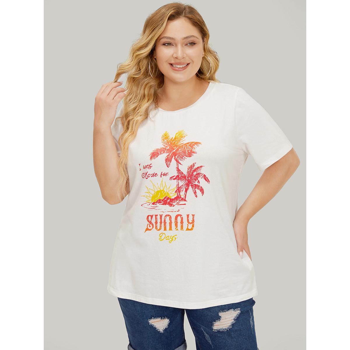 Plus Size Coconut Tree & Letter Print Drop Shoulder T-shirt White Women Casual Tropical Dailywear T-shirts BloomChic 28/5X Product Image
