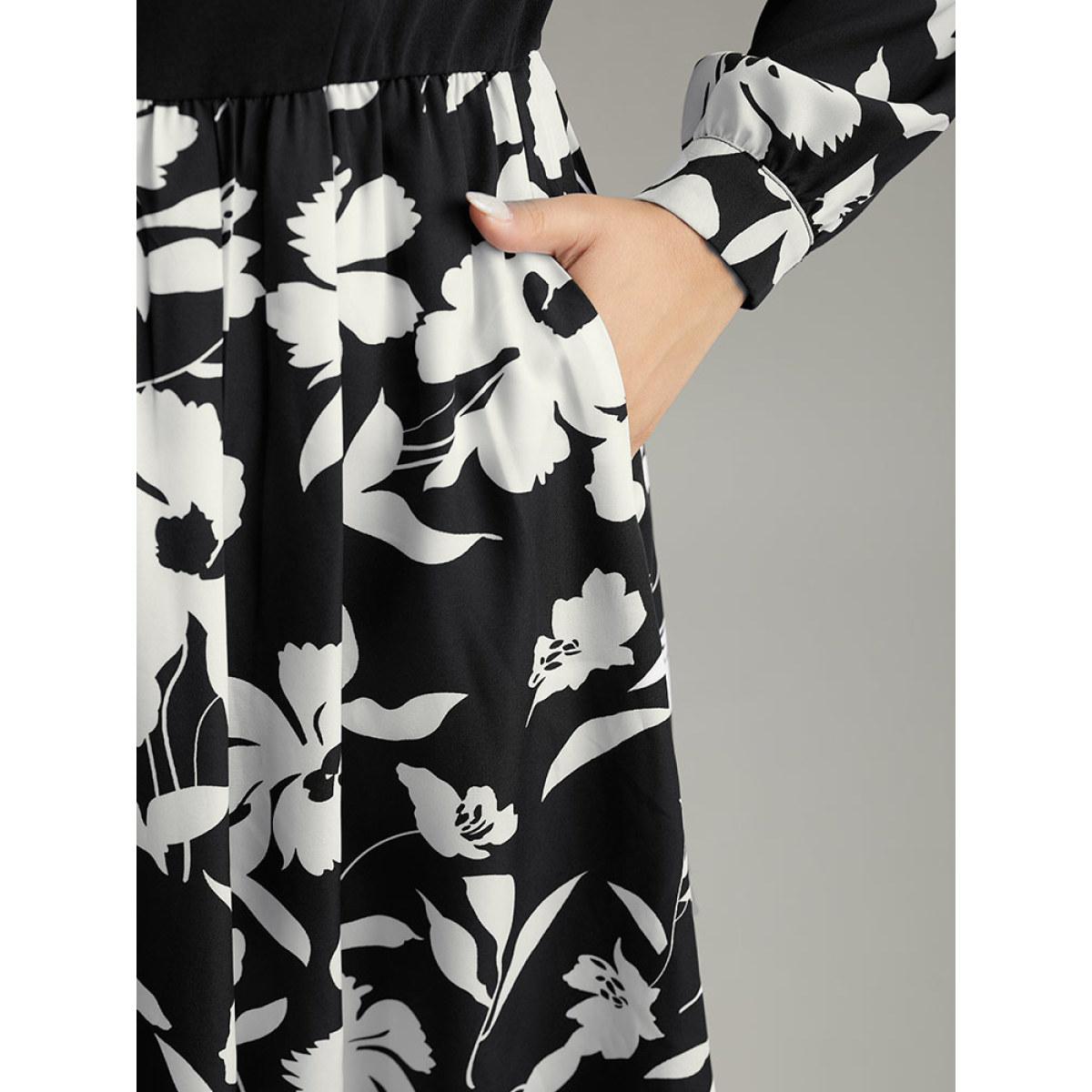 Plus Size Silhouette Floral Print Patchwork Ruffle Hem Dress Black Women Office Printed Lapel Collar Long Sleeve Curvy Midi Dress BloomChic 18-20/2X Product Image
