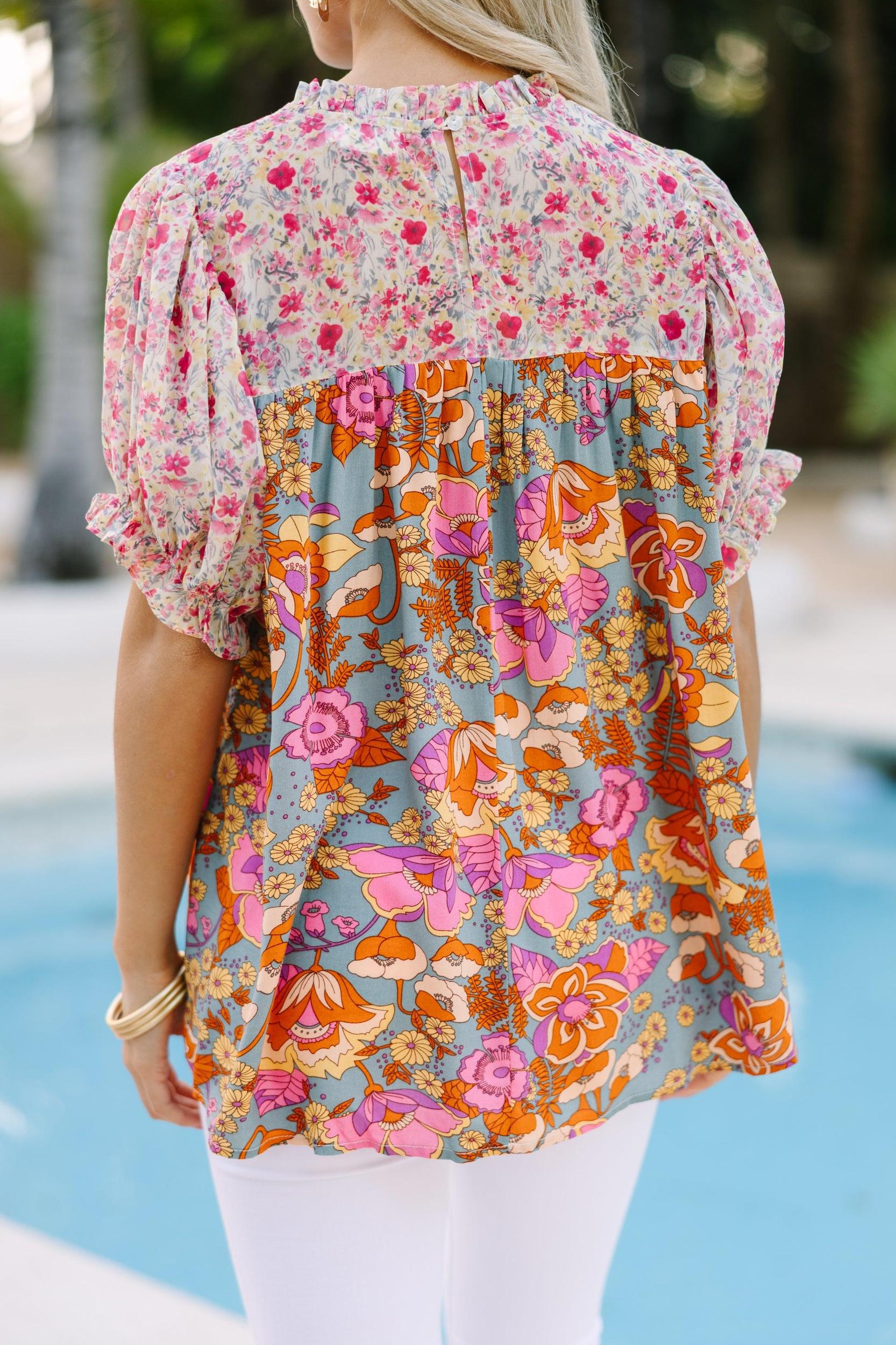 Let's Be Clear Dusty Sage Floral Short Sleeve Blouse Female Product Image