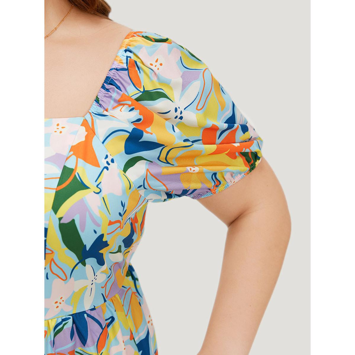 Plus Size Floral Print Pocket Ruffle Hem Square Neck Dress Multicolor Women Elegant Tiered Square Neck Short sleeve Curvy Midi Dress BloomChic 26/4X Product Image