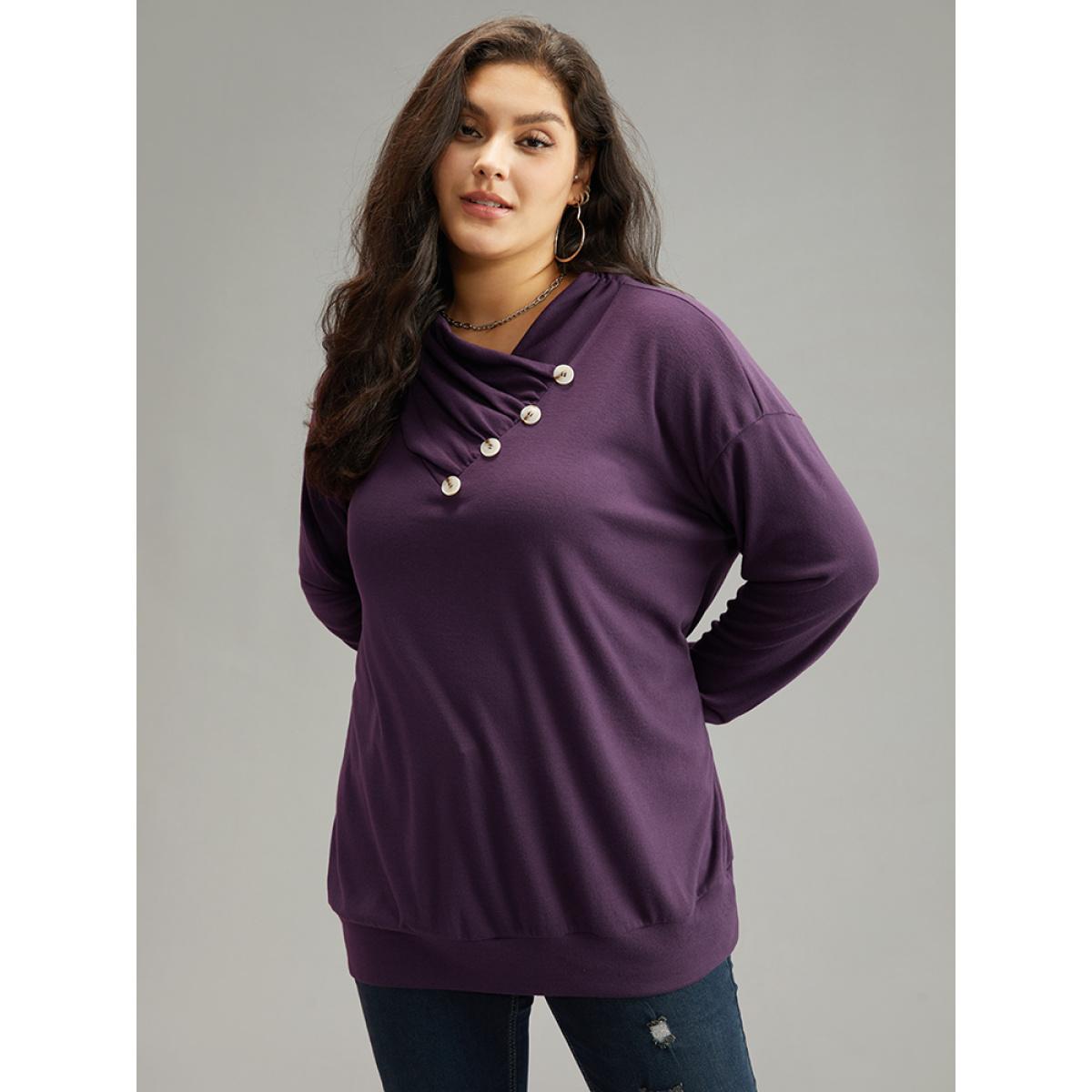 Plus Size Plain Cowl Neck Button Detail Sweatshirt Women Eggplant Casual Plain Overlap Collar Dailywear Sweatshirts BloomChic 12/L Product Image