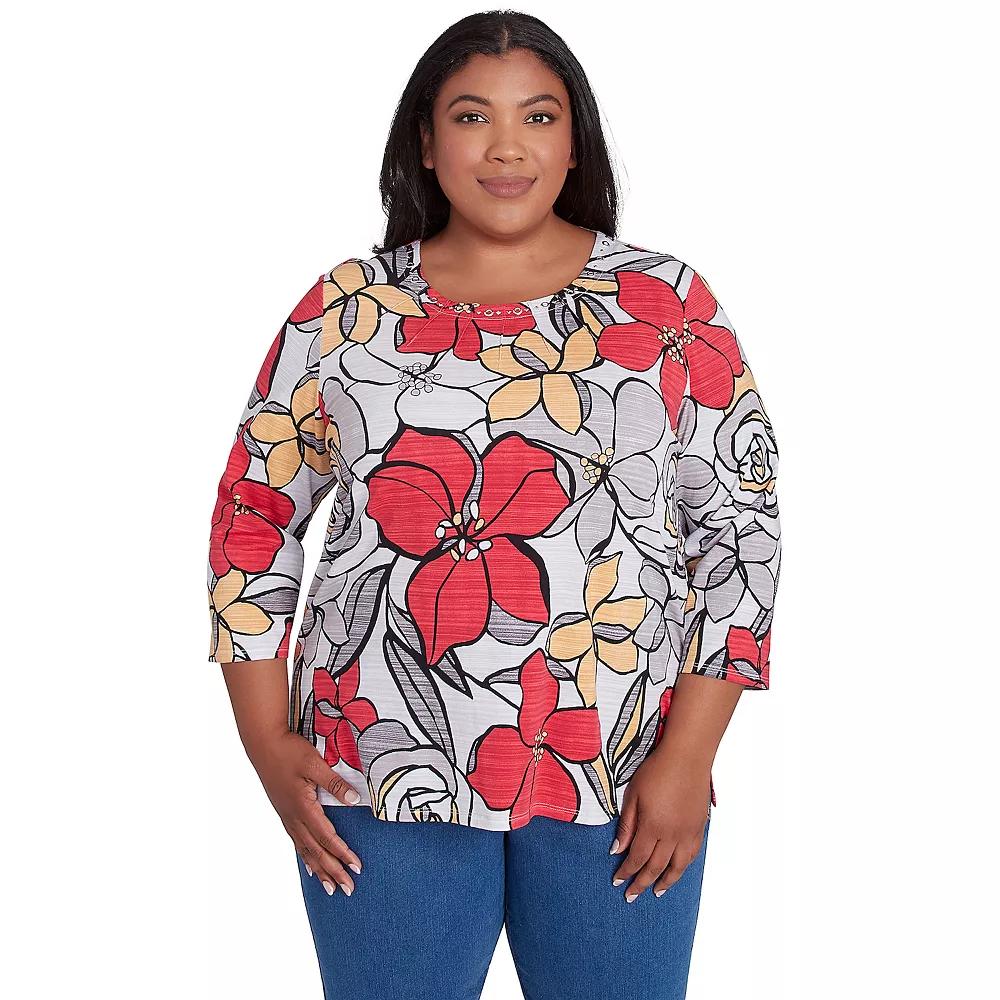 Plus Size Alfred Dunner Bold Floral Print Tee, Women's, Size: 2XL, Multi Red Product Image