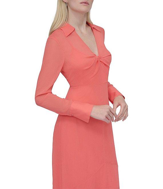 DKNY by Donna Karan Woven Collar V Neck Long Sleeve Front Twist A-Line Midi Dress Product Image