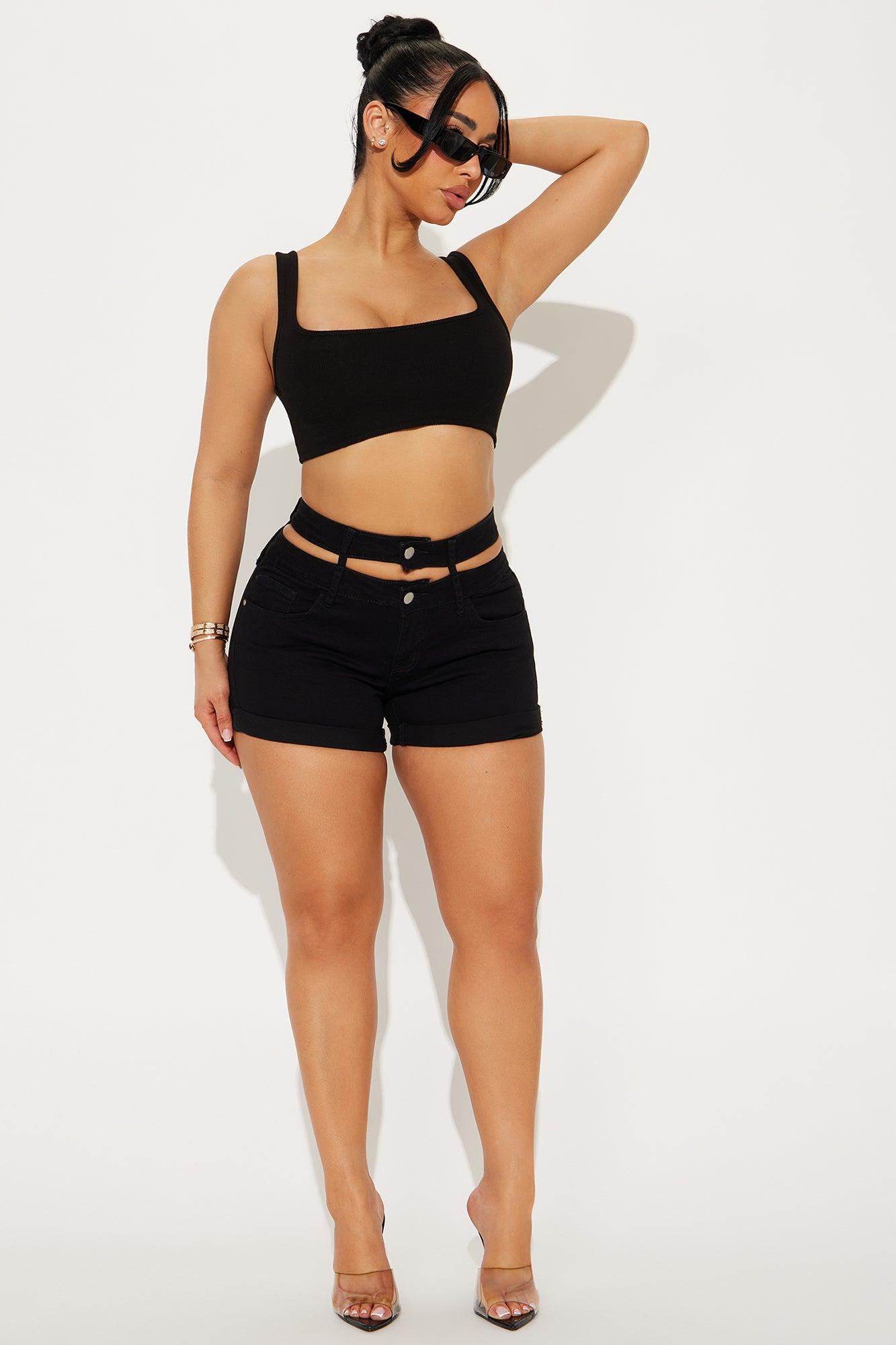Cutting You Out Double Waistband Denim Shorts - Black Product Image