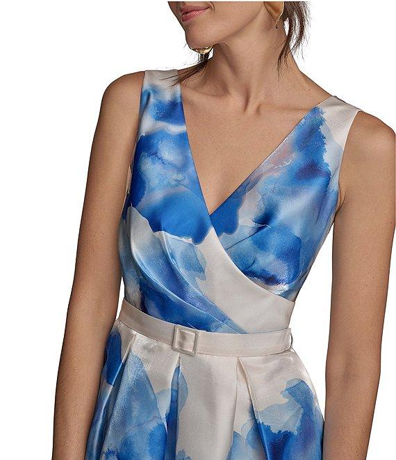 Donna Karan Shimmer Mikado V Neck Sleeveless Belted A Line Midi Dress Product Image