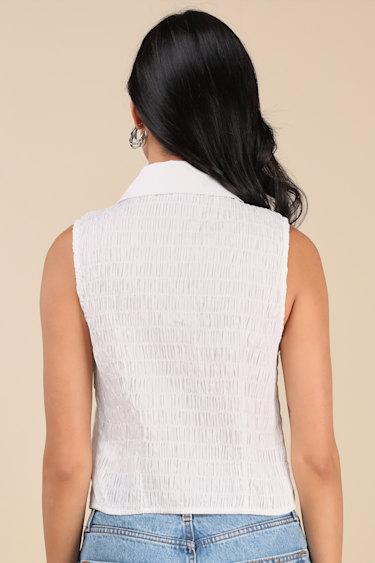 Ellema White Textured Sleeveless Collared Top Product Image