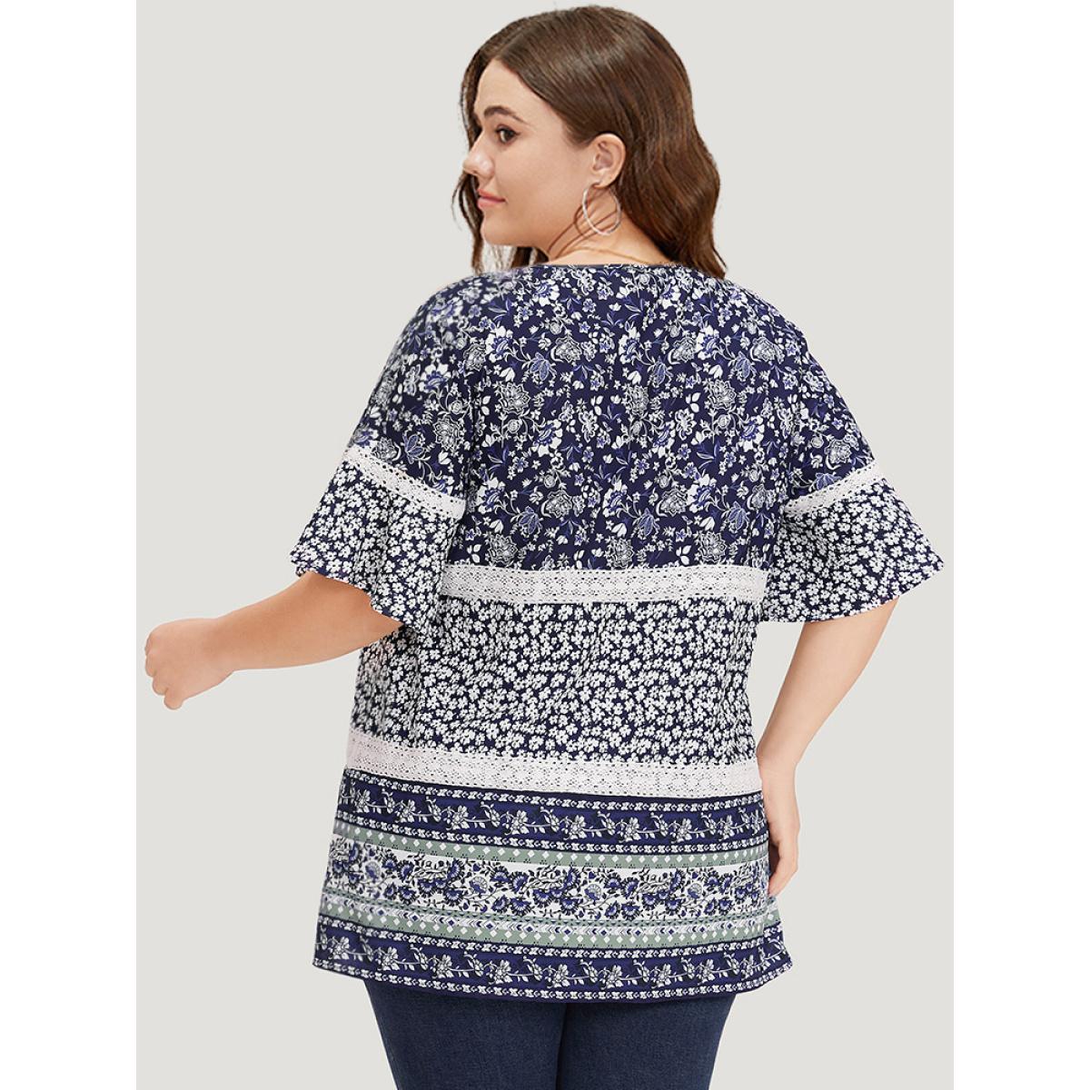 Plus Size Indigo Ditsy Floral Patchwork Square Neck Flutter Sleeve Blouse Women Elegant Half Sleeve Square Neck Dailywear Blouses BloomChic 10/M Product Image