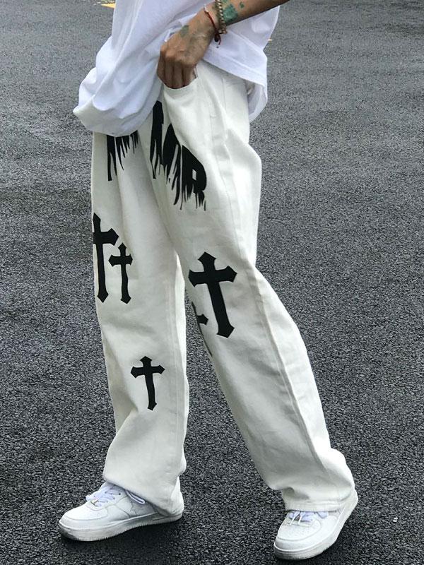 Men's White Wash Cross Pattern Straight Leg Jeans Product Image