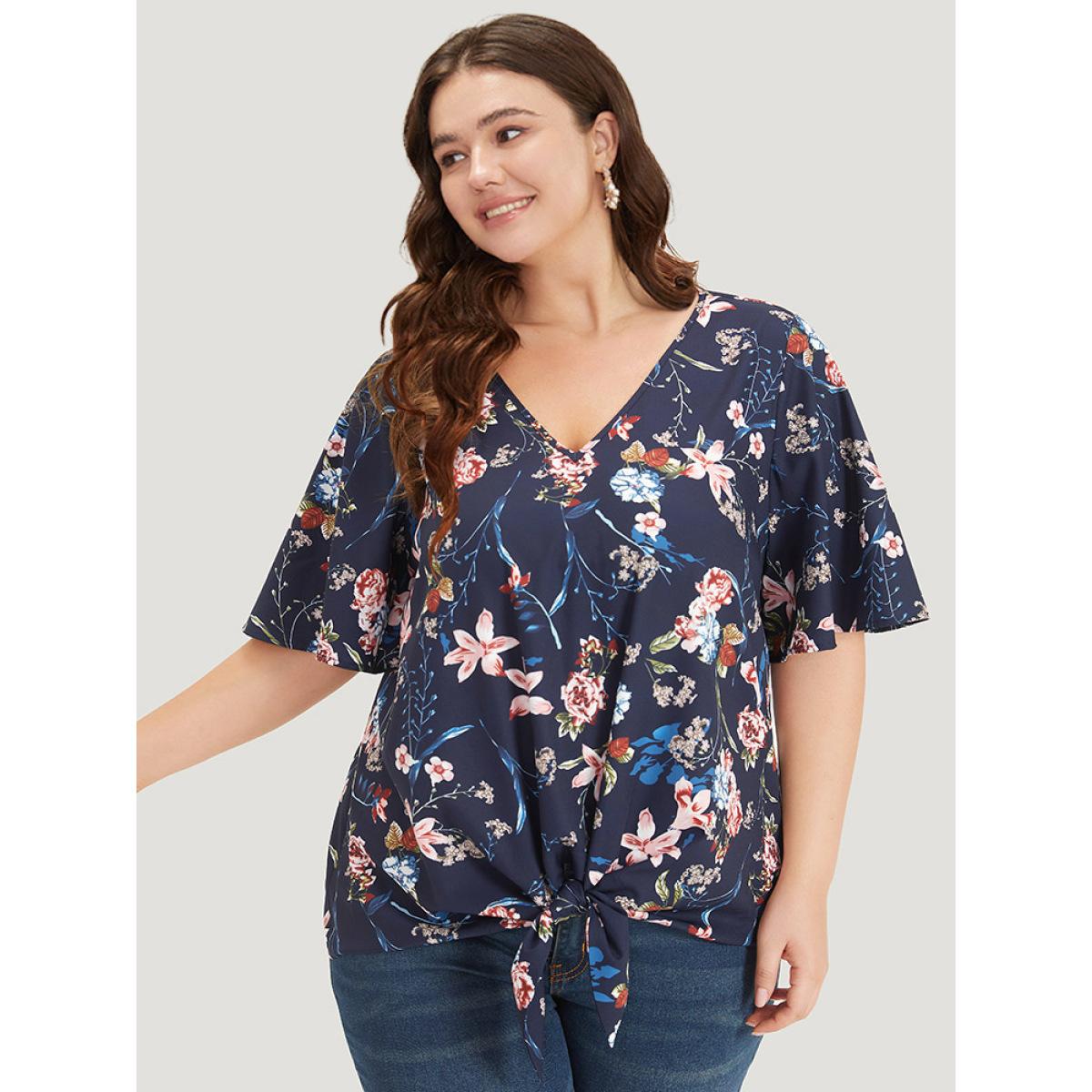 Plus Size Indigo Floral Print V Neck Ruffle Sleeve Twist Hem Blouse Women Elegant Half Sleeve V-neck Dailywear Blouses BloomChic 28/5X Product Image