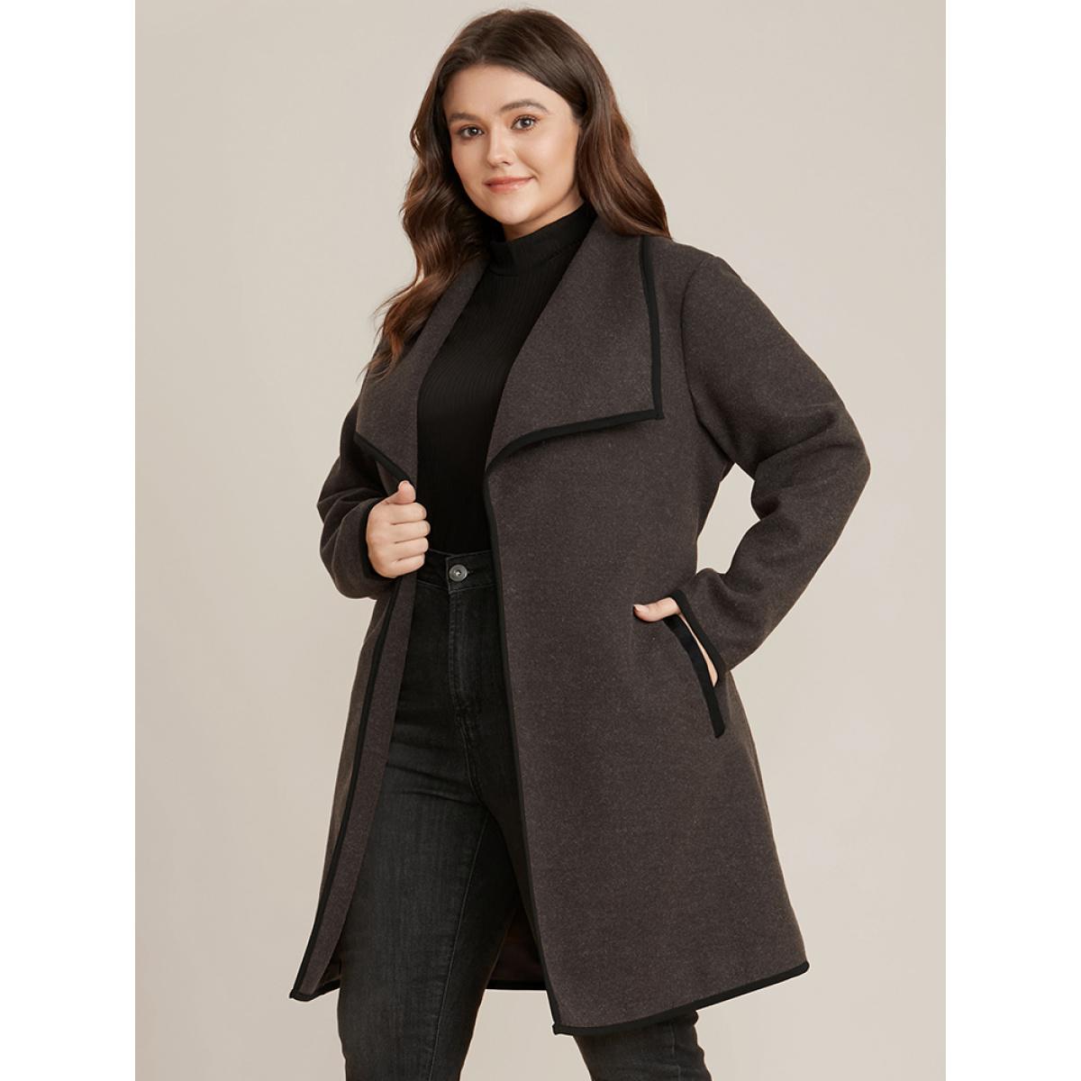 Plus Size Contrast Trim Pocket Belted Lapel Collar Coat Women DarkBrown Office Belted Ladies Work Winter Coats BloomChic 28/5X Product Image