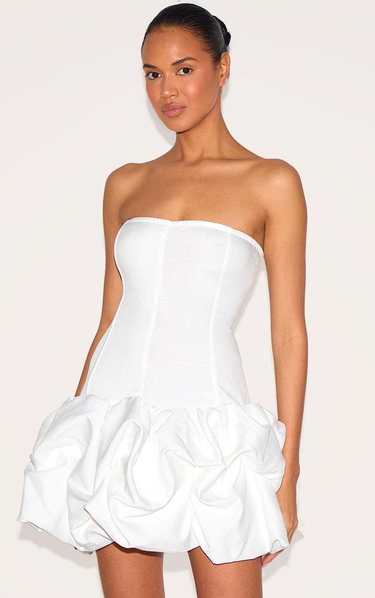 Premium White Woven Corset Puffball Hem Mini Dress Product Image