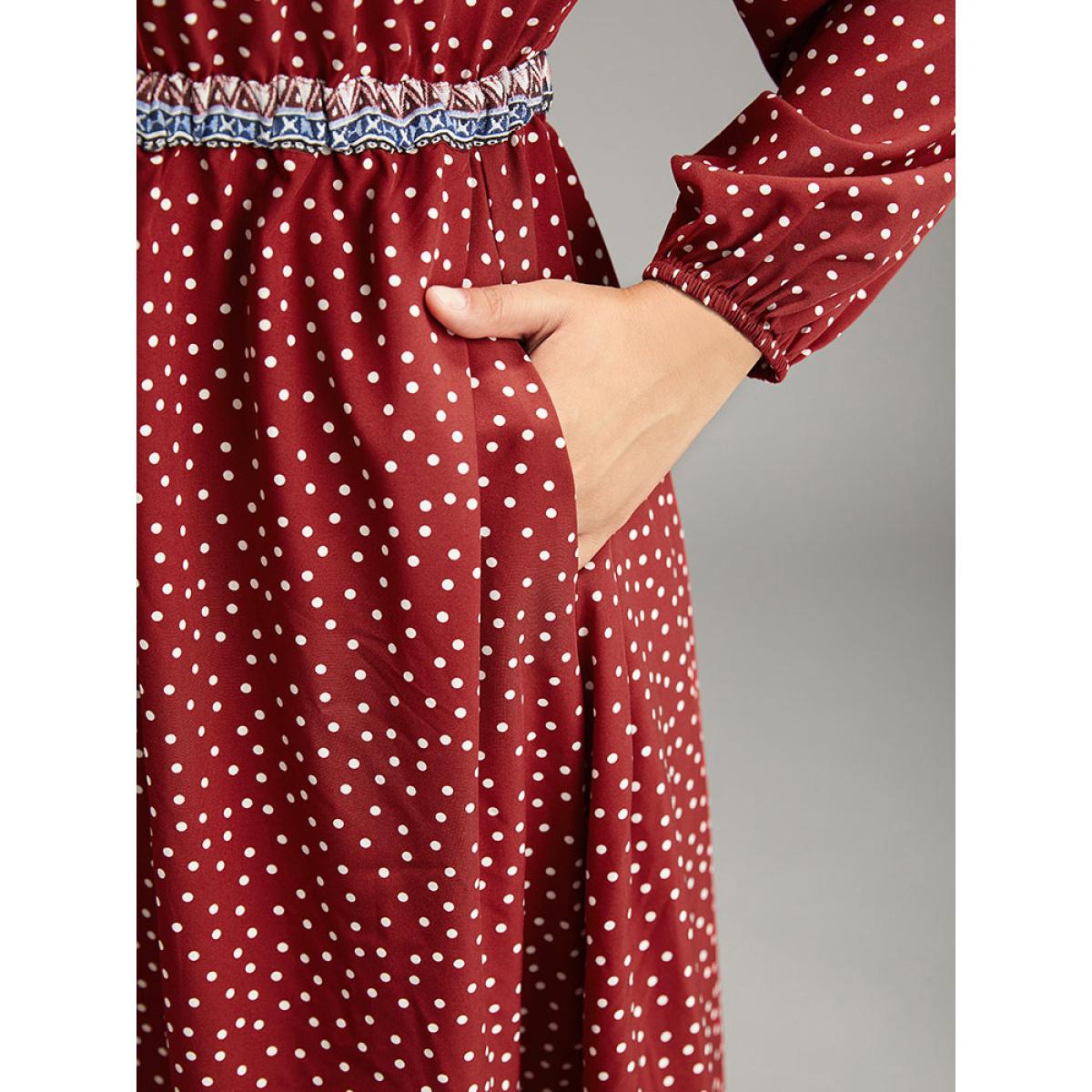 Plus Size Boho Print Lantern Sleeve Elastic Waist Dress Raspberry Women Vacation Elastic cuffs V-neck Long Sleeve Curvy Midi Dress BloomChic 12/L Product Image