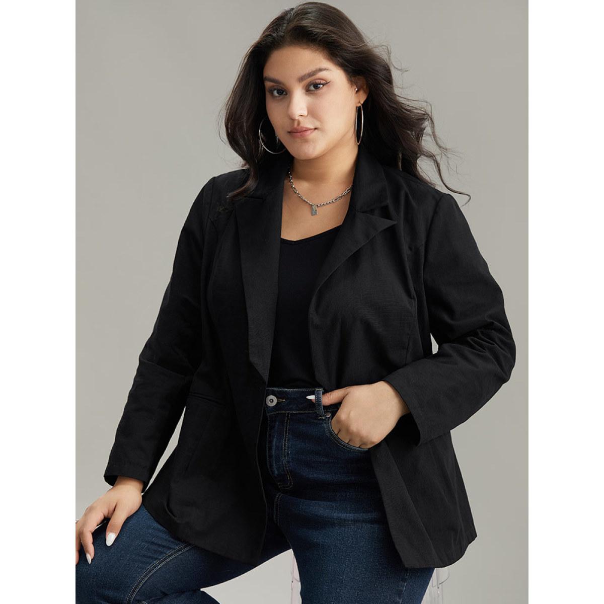 Plus Size Plain Gathered Suit Collar Button Fly Blazer Black Women Dailywear Plain Plain Sleeve Long Sleeve Suit Collar 14-16/1X Casual Blazers BloomChic Product Image