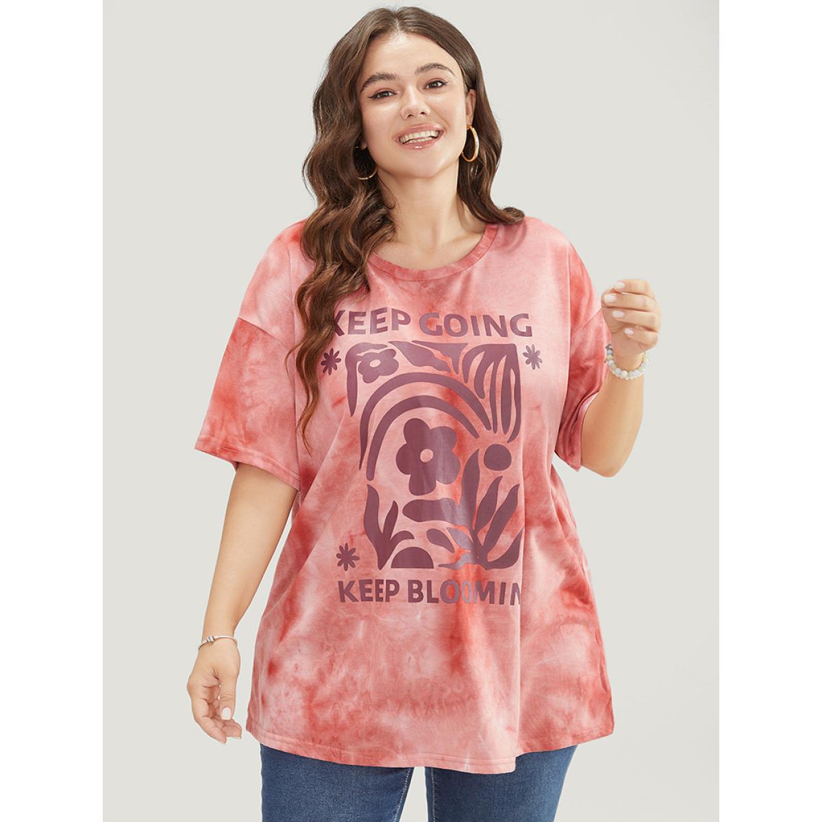 Plus Size Slogan & Floral Crew Neck Short Sleeve Tie Dye T-shirt Coral Women Casual Printed Natural Flowers Dailywear T-shirts BloomChic 12/L Product Image