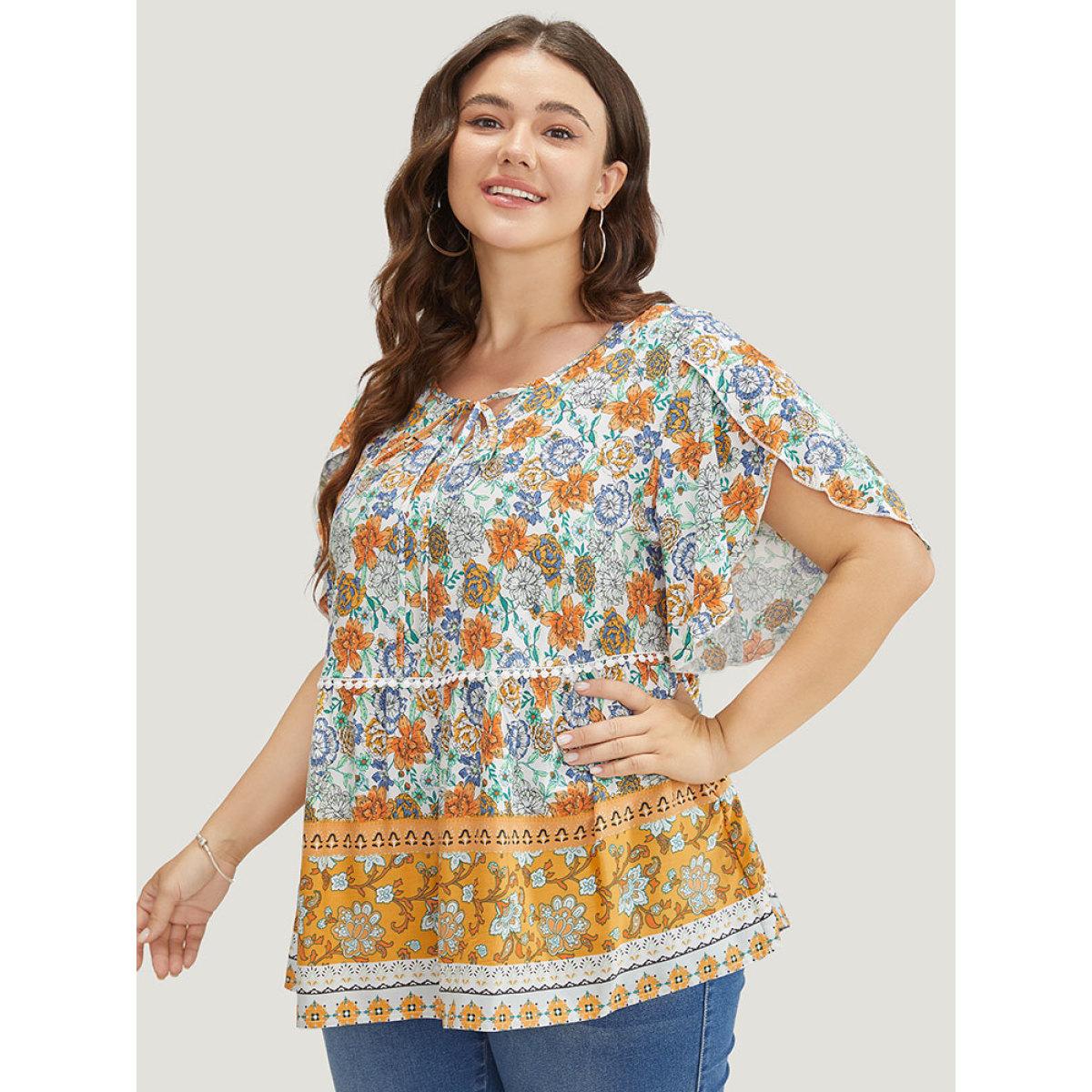 Plus Size Gold Bandana Print Petal Sleeve Tie Neck Pompom Trim Blouse Women Vacation Short sleeve Tie Neck Dailywear Blouses BloomChic 14-16/1X Product Image