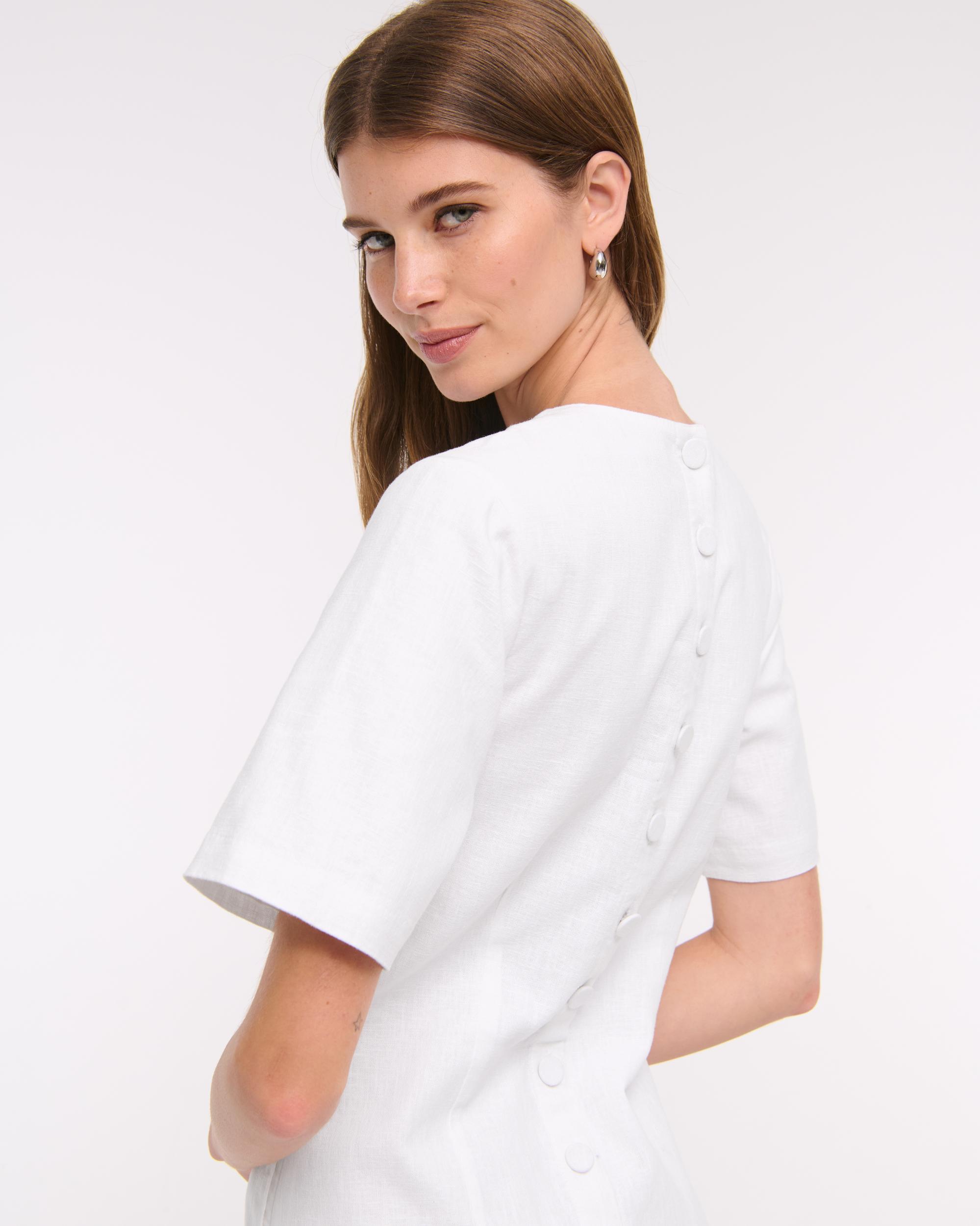 Short-Sleeve Linen-Blend Button Mini Dress Product Image