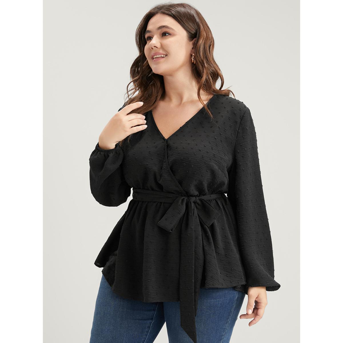Plus Size Black Polka Dot Wrap Belted Ruffles Blouse Women Elegant Long Sleeve V-neck Dailywear Blouses BloomChic 30/6X Product Image