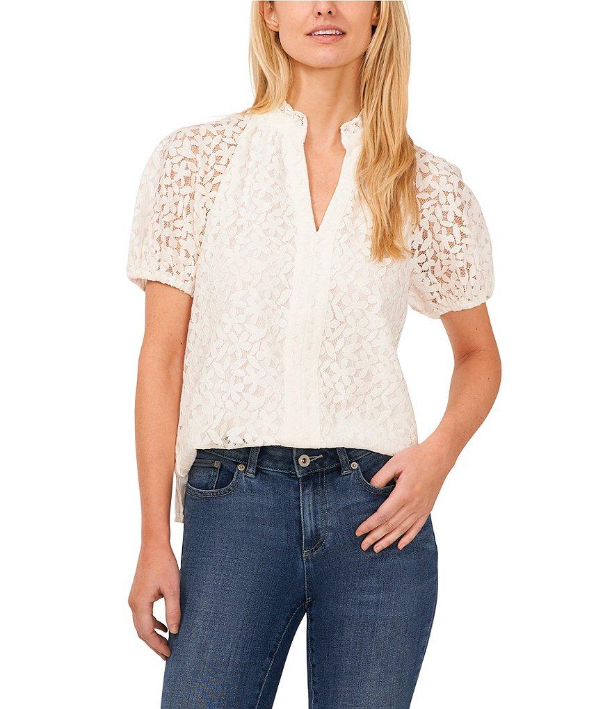 CeCe Lace Ruffle V-Neck Short Sleeve Top Product Image