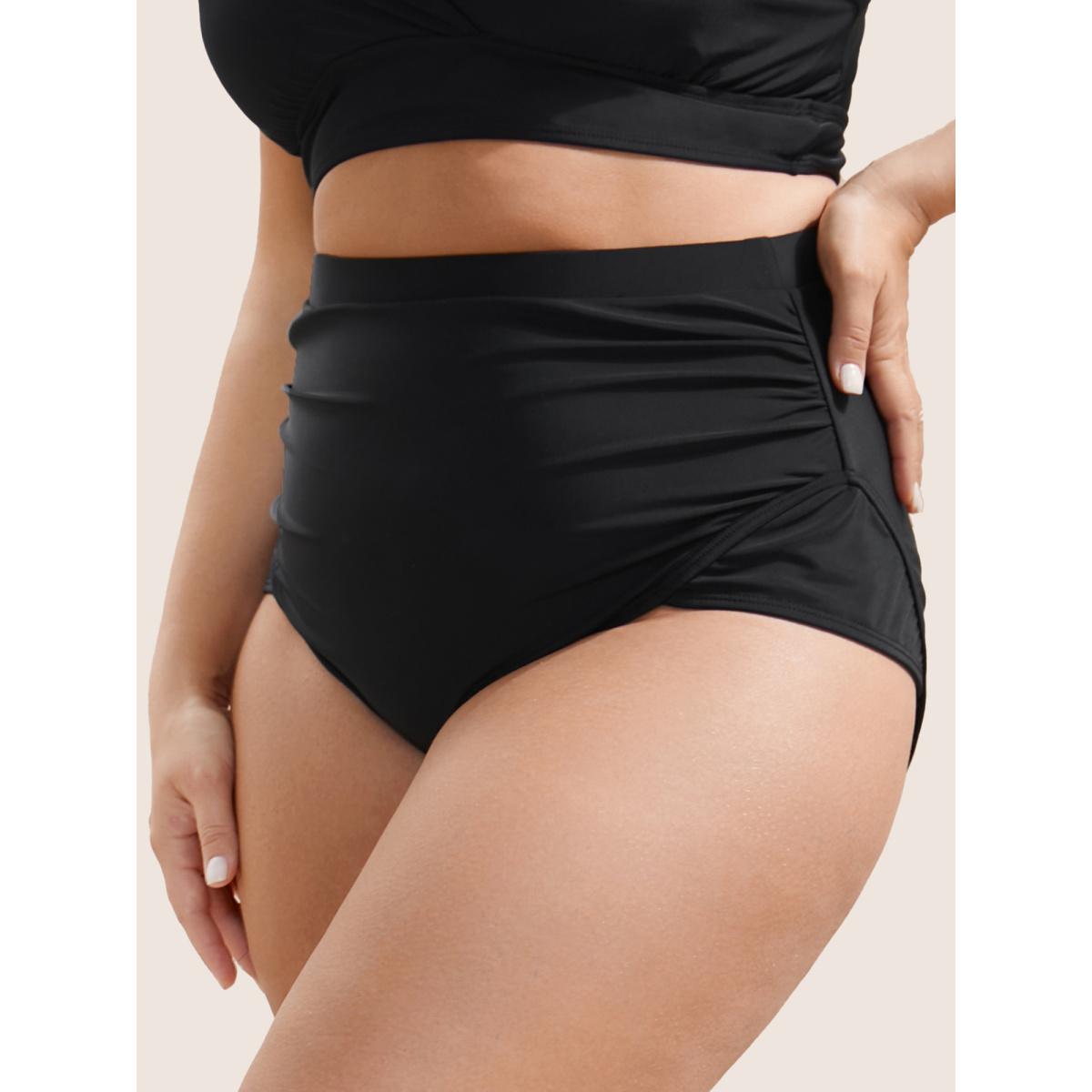 Plus Size Plain Patchwork Ruched Swim Bottom Women's Swimwear Black Resort Non High stretch Skinny High Rise Curve Swim Bottoms BloomChic 18-20/2X Product Image
