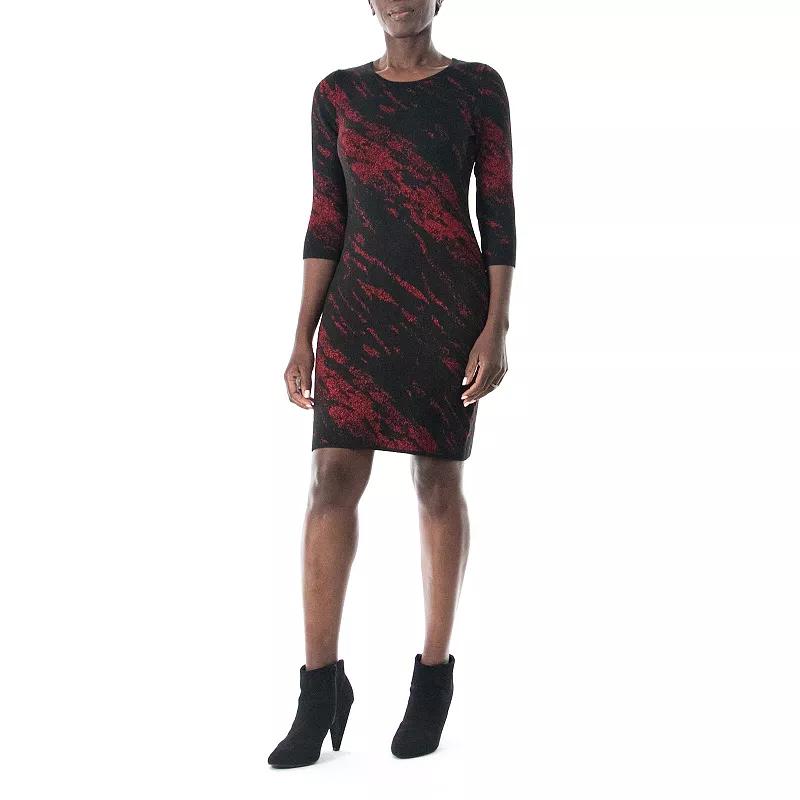 Women's Nina Leonard Three Quarter Jewelneck Sheath Sweater Dress, Size: Small, Black Red Product Image