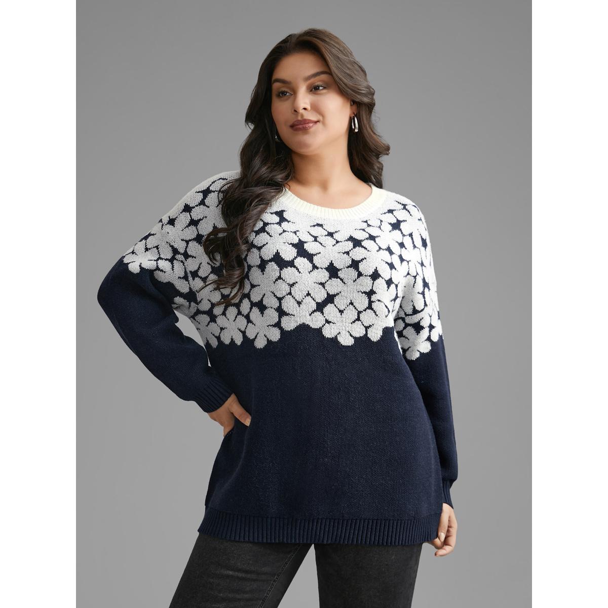 Plus Size Floral Contrast Patchwork Drop Shoulder Pullover Indigo Women Casual Loose Long Sleeve Round Neck Everyday Pullovers BloomChic 22-24/3X Product Image