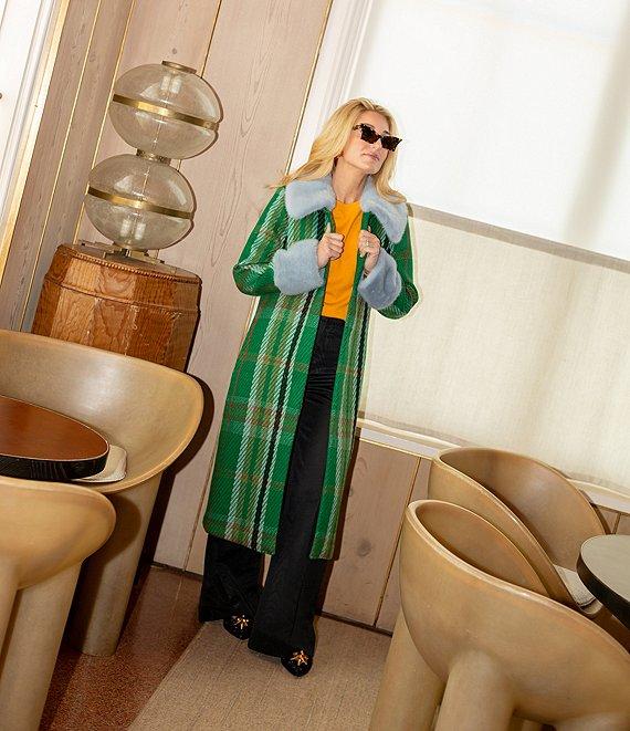 Antonio Melani x The Nat Note Patsy Textured Plaid Tweed Peter Pan Faux Fur Collar Trench Coat Product Image