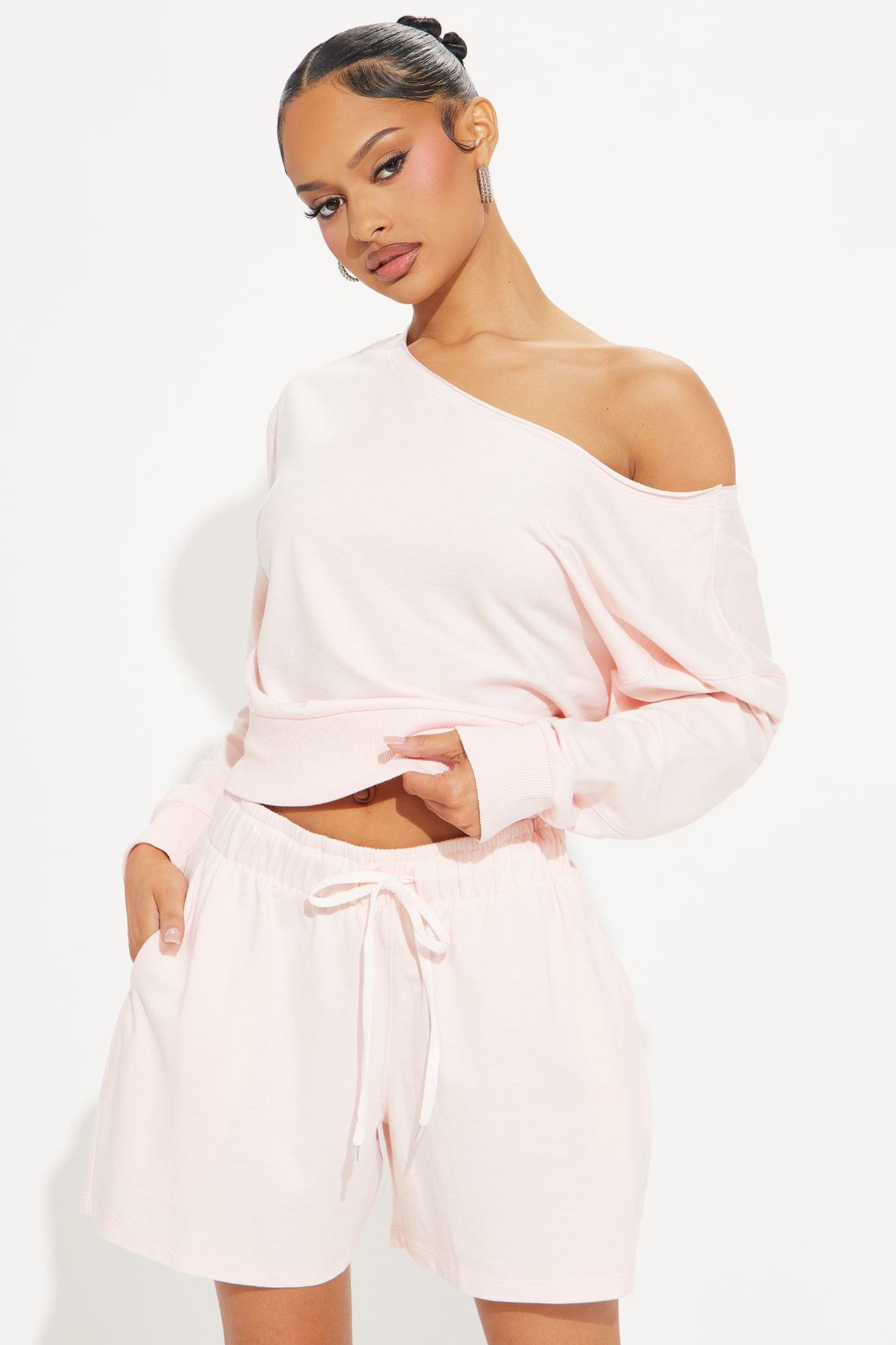 Unwind Washed Off Shoulder Short Set - Pink Product Image